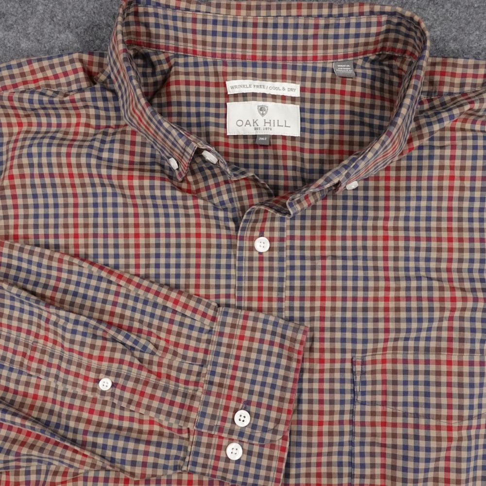 Oak Hill 2XLT Plaid Button Down Shirt Wrinkle Free Cool & Dry Cotton Tan Red